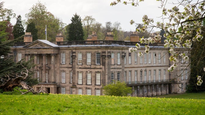 View of the east side of the house in spring with trees blossoming in the background.